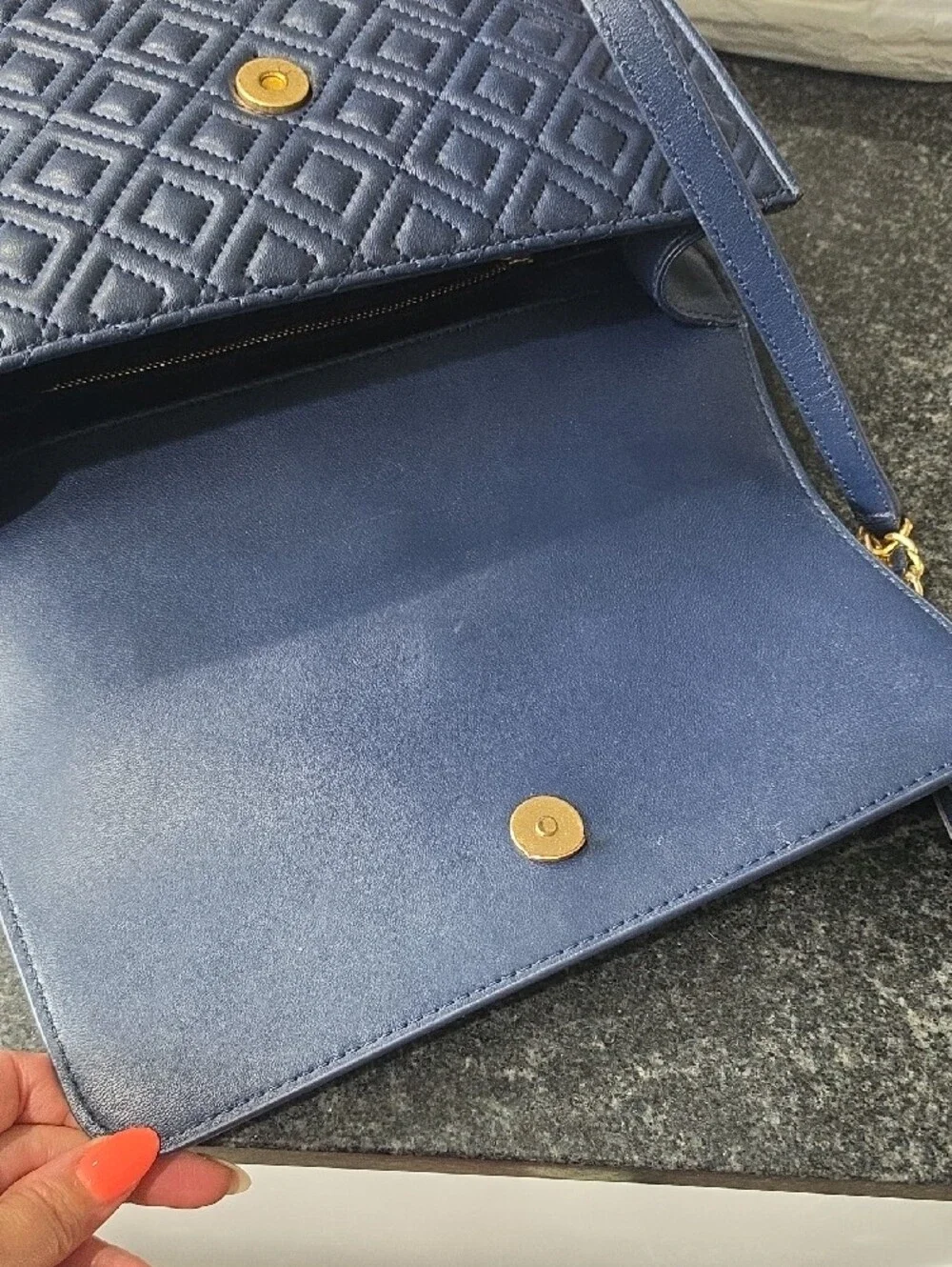 Tory Burch Navy Leather Quilted Flap Shoulder Bag with Gold Chain
